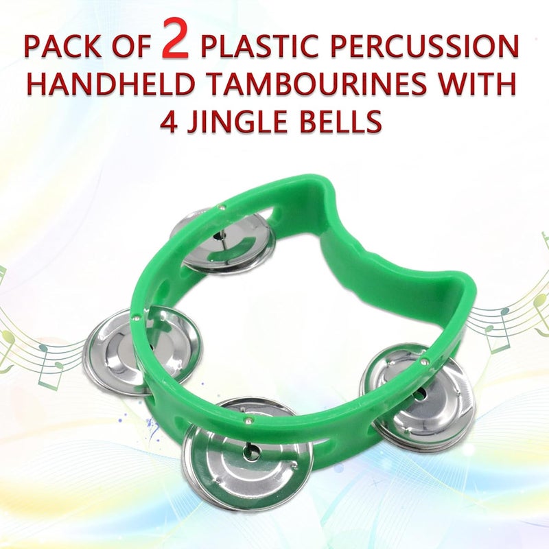 Cheerock 2-Pack Plastic Percussion Handheld Tambourines with 4 Jingle Bells, Green Mini Rhythm Instruments for Practice, Rehearsal and Performance - Image 2